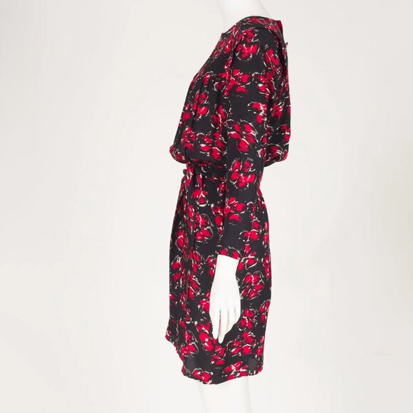 1980s Vintage French Red Floral Print Black Silk Belted Dress Sz S M - Picture 3 of 7